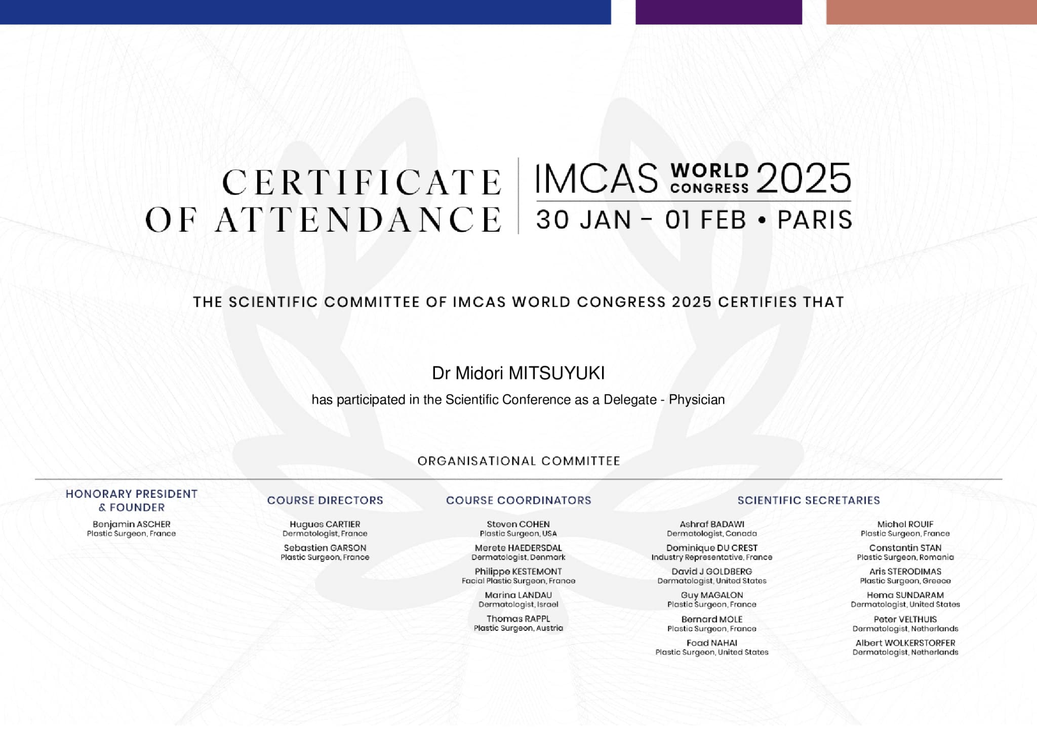 IMCAS Certificate of Attendance